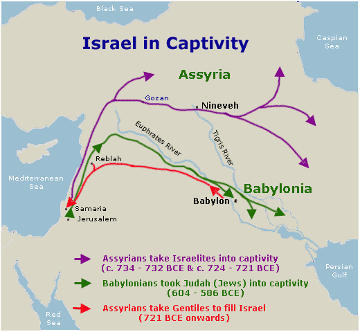 Israel and Judah in captivity by Assyrians and Babylonians.